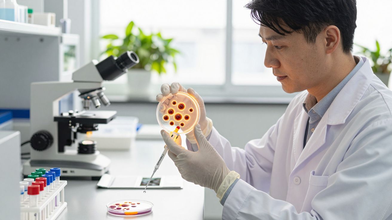 Naukowiec w laboratorium bada próbkę w szalce Petriego, obok mikroskop i fiolki z odczynnikami.