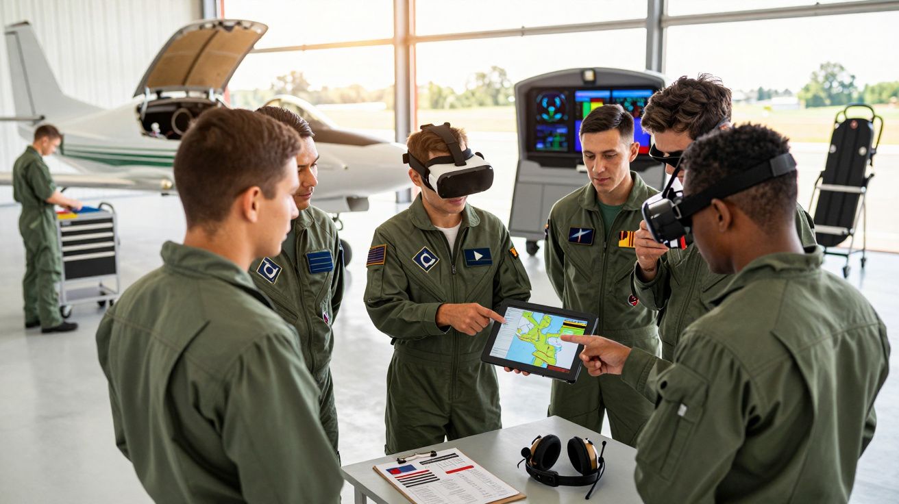 Grupa młodych ludzi w mundurach wojskowych korzysta z VR i tabletu w hangarze, obok małego samolotu.