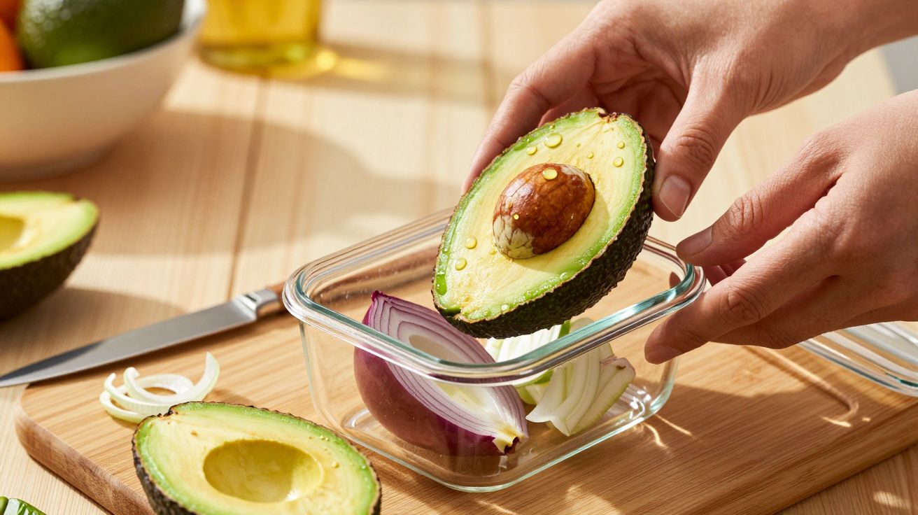 Osoba wkładająca połówkę awokado do szklanej pojemnika, obok kawałków cebuli na desce do krojenia.
