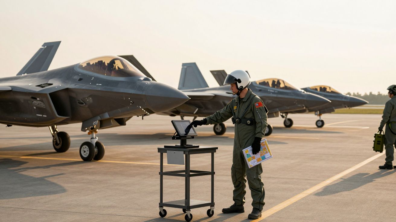 Pilot sprawdza dane przed startem, stojąc obok myśliwców na lotnisku.