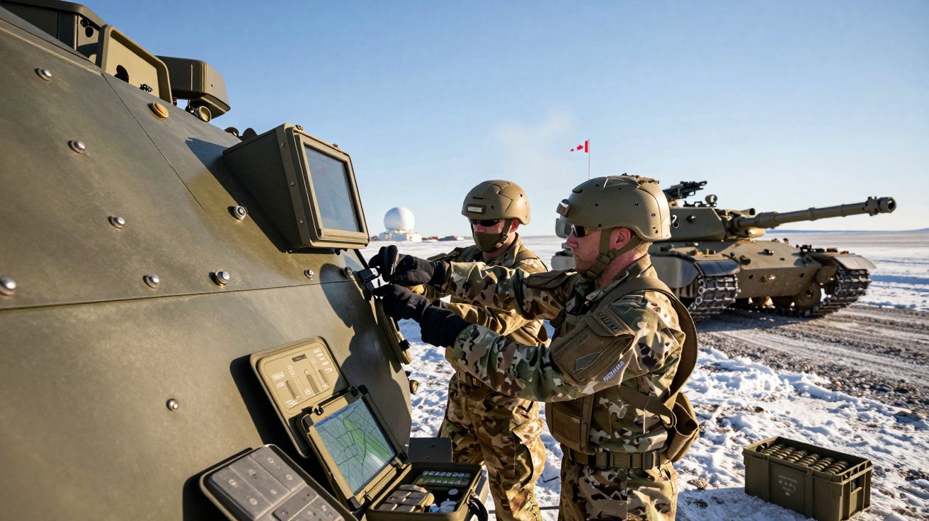 Żołnierze w mundurach kamuflażowych obsługują sprzęt wojskowy na śnieżnym terenie, w tle czołg.