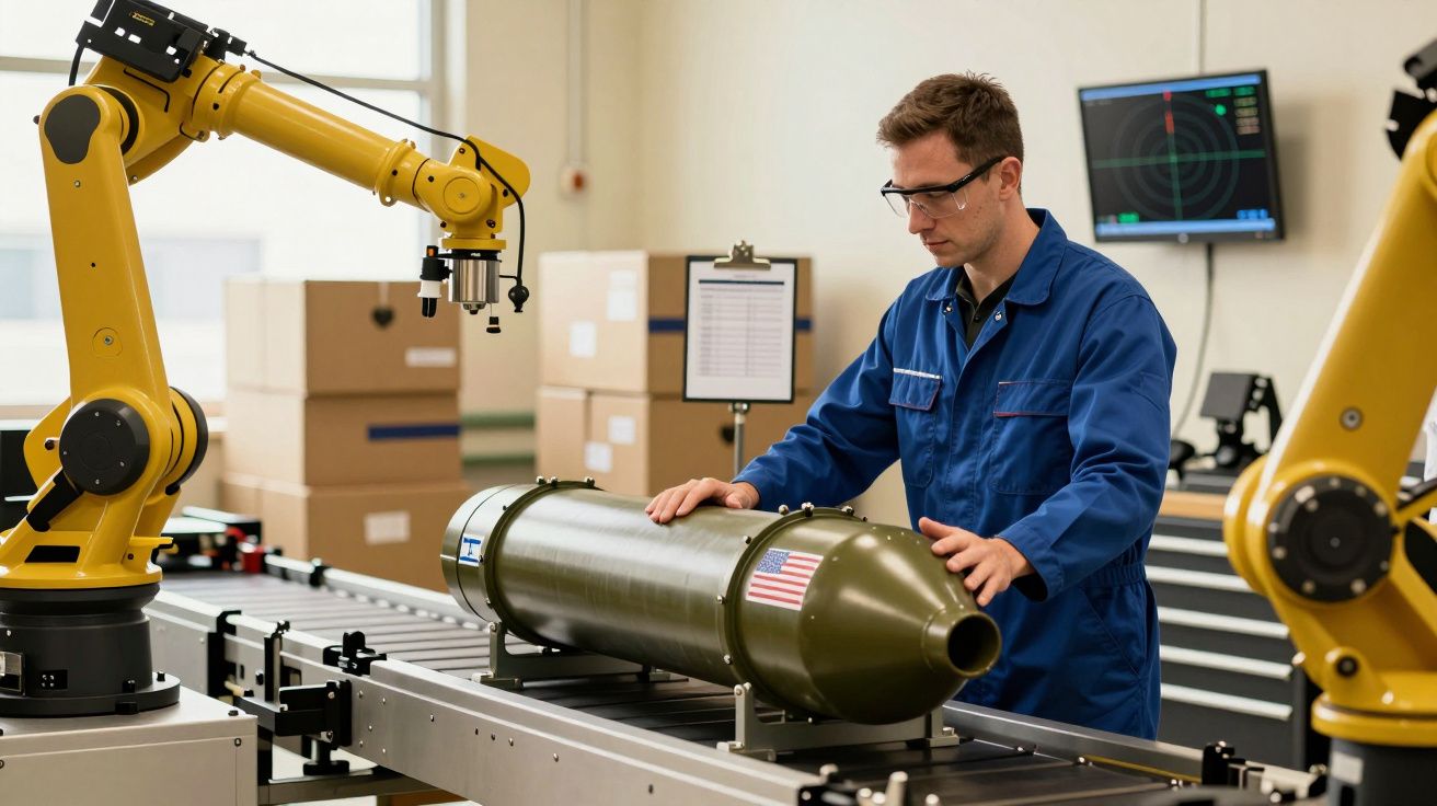 Pracownik w niebieskim kombinezonie obsługuje maszynę przemysłową przy taśmie produkcyjnej.