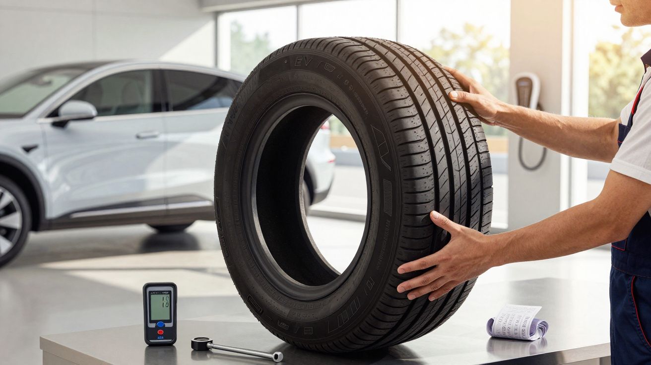 Osoba trzymająca oponę w warsztacie samochodowym obok białego auta i przyrządu do pomiaru ciśnienia.