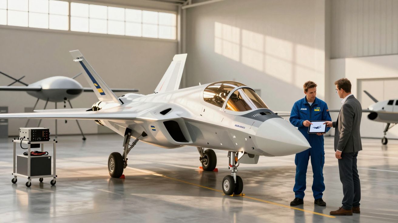 Dwóch mężczyzn rozmawia przy nowoczesnym myśliwcu w hangarze, trzymając tablet z obrazem samolotu.