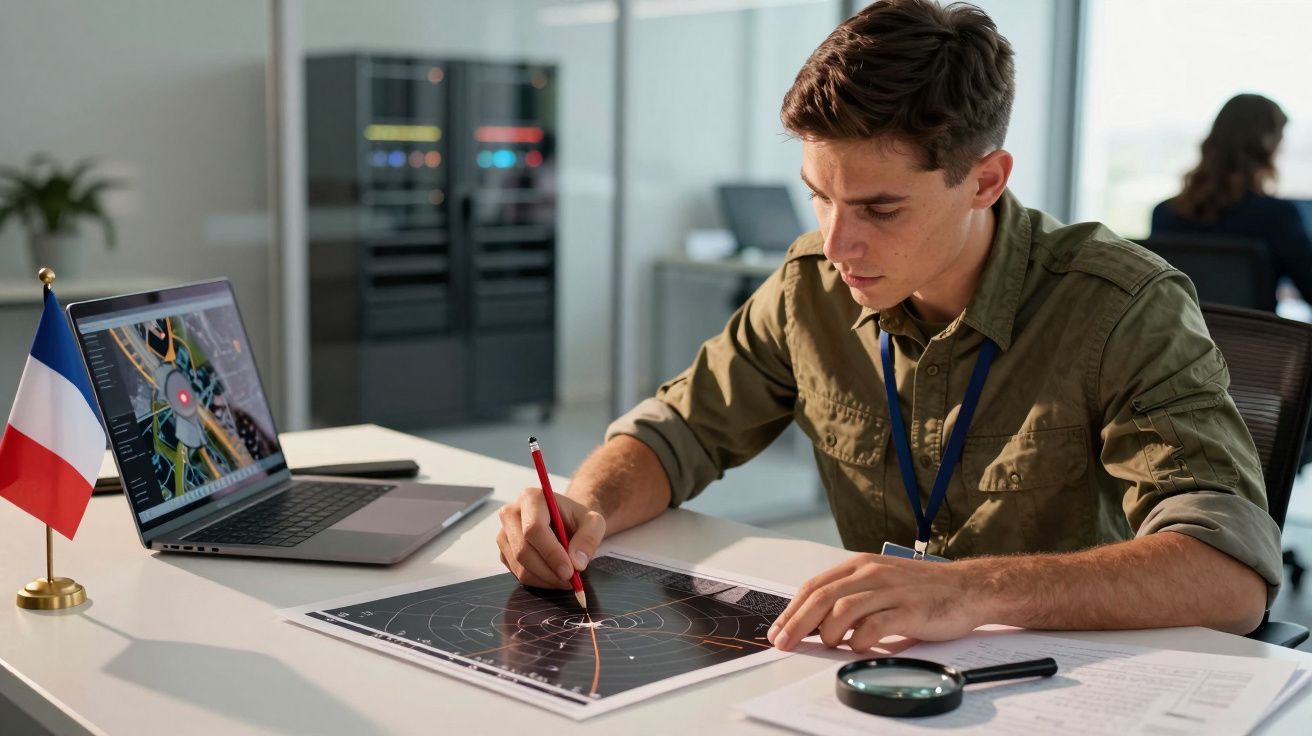 Młody mężczyzna przy biurku analizuje mapę z cyrklem, obok laptop. Na biurku flaga Francji i lupa.