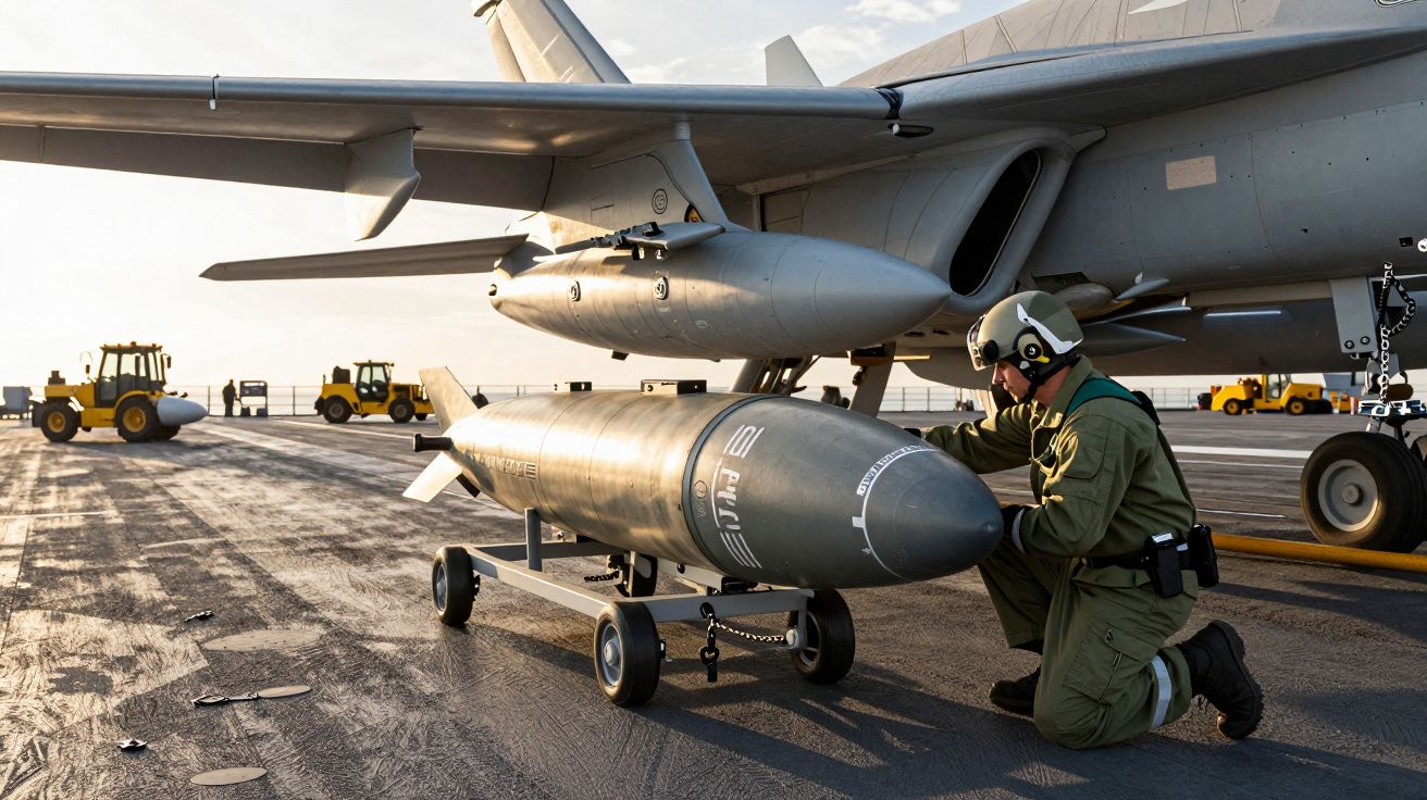 Mężczyzna w mundurze przygotowuje pocisk przy skrzydle samolotu na pokładzie lotniskowca.