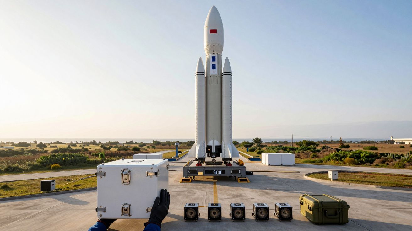 Rakieta na platformie startowej z widocznymi skrzyniami i sprzętem na pierwszym planie, jasne niebo w tle.