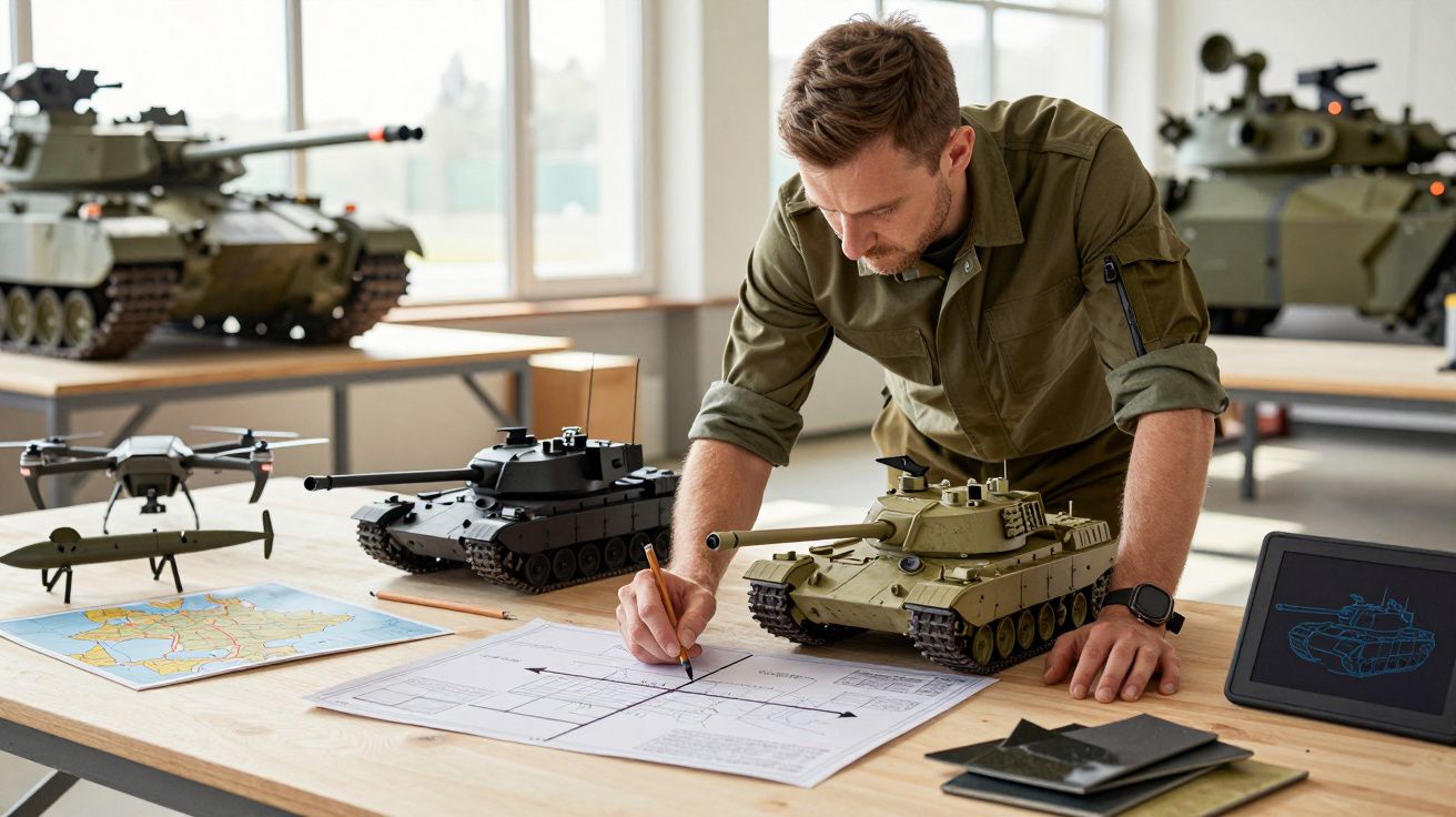 Mężczyzna pracuje nad modelami czołgów i drona przy biurku z mapą, szkicami i tabletem w otoczeniu większych pojazdów.