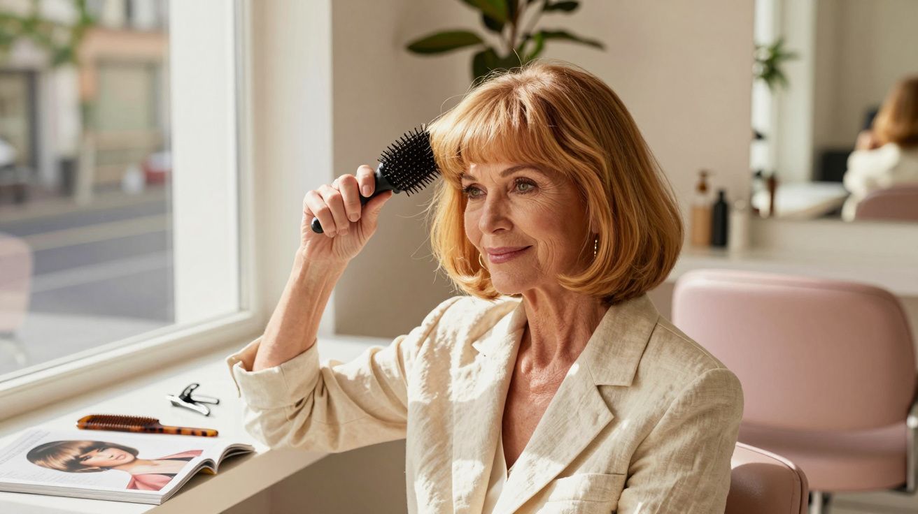 Starsza kobieta w salonie fryzjerskim czesze włosy szczotką przed lustrem.