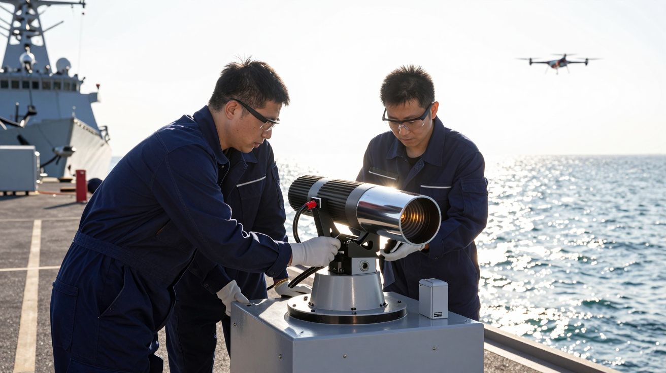 Dwóch mężczyzn w kombinezonach serwisowych pracuje przy urządzeniu na pokładzie statku, w tle widoczny dron nad morzem.