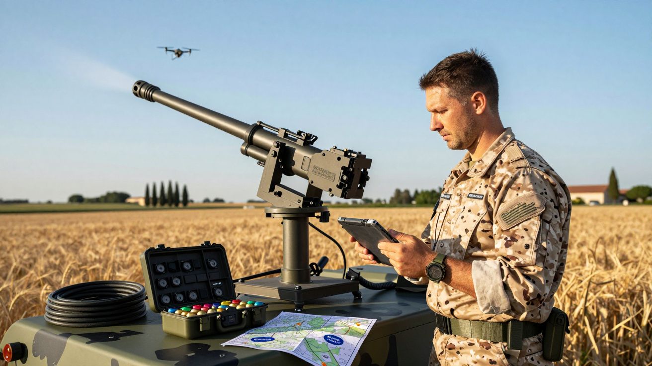 Żołnierz w polu pszenicy obsługuje tablet obok działa na pojeździe, w tle widoczny dron.