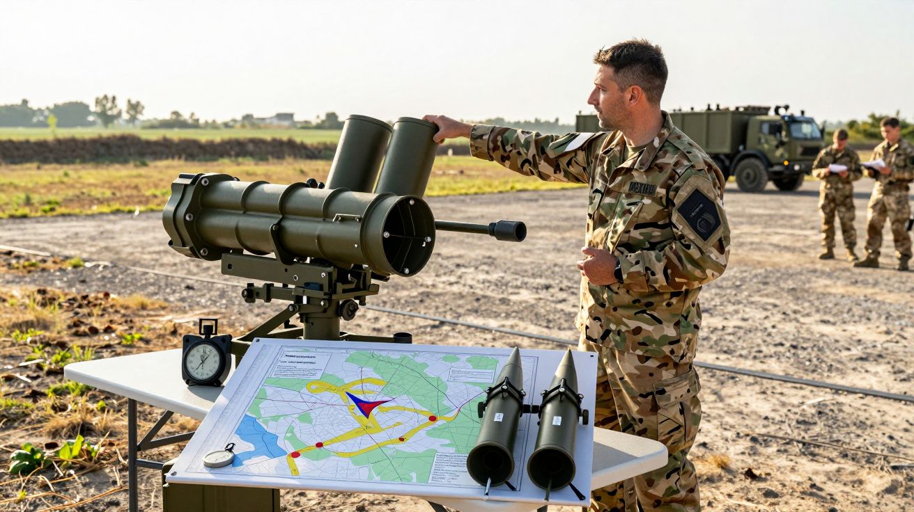 Żołnierz w mundurze kamuflażowym omawia mapę przy stole z wyrzutnią rakiet na zewnątrz.