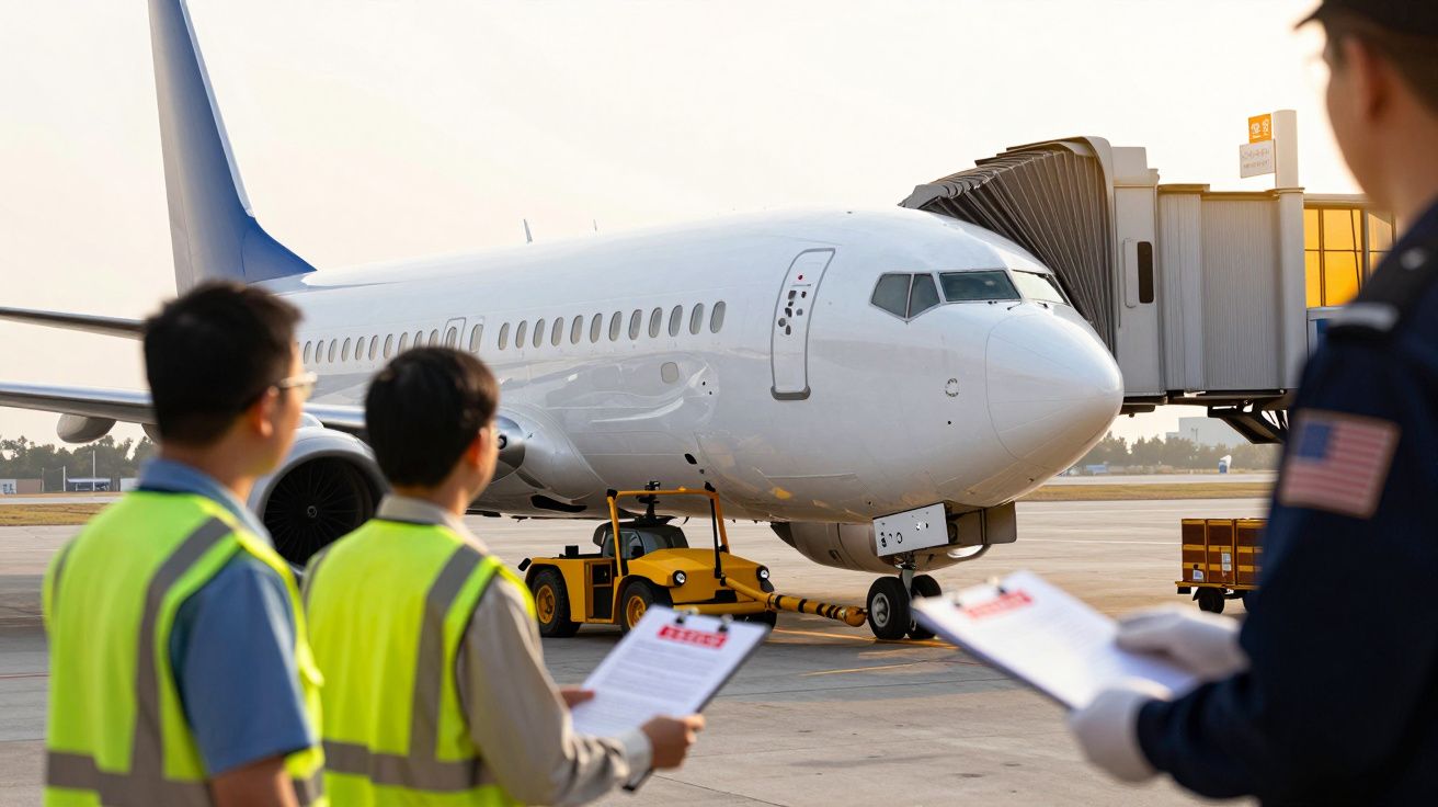 Samolot stojący przy rękawie lotniczym na lotnisku. W tle widoczni pracownicy lotniskowi z dokumentami.
