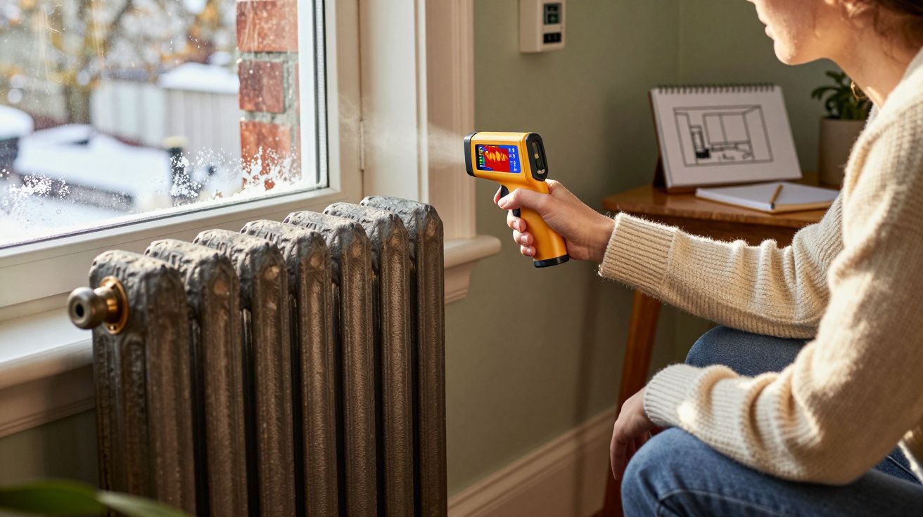 Osoba mierząca temperaturę kaloryfera za pomocą termometru cyfrowego przy oknie.