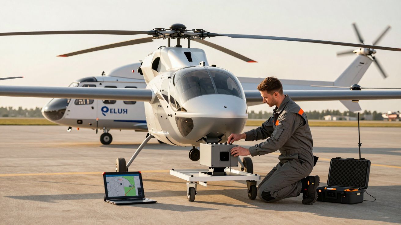 Inżynier pracuje przy dronie na lotnisku, obok otwarty laptop i walizka z narzędziami.