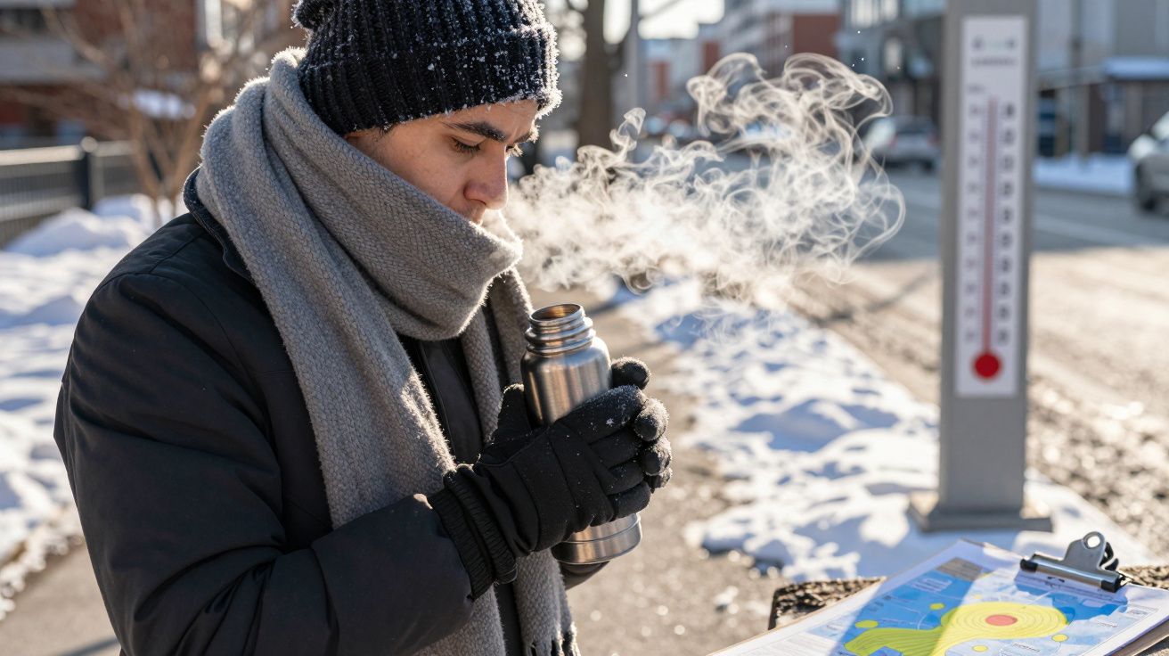 Mężczyzna w zimowej czapce, szaliku i rękawiczkach trzyma termos na zaśnieżonej ulicy, unosząca się para.