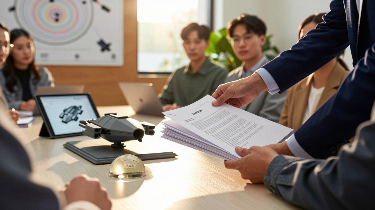 Osoby na spotkaniu biurowym, na stole model statku kosmicznego, dokumenty i laptop.