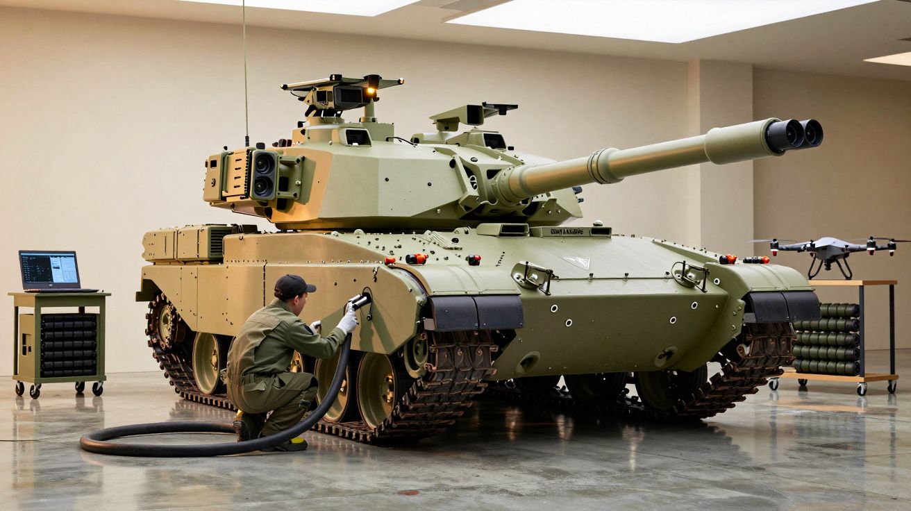 Mężczyzna pracujący przy czołgu w warsztacie, obok laptop i dron.