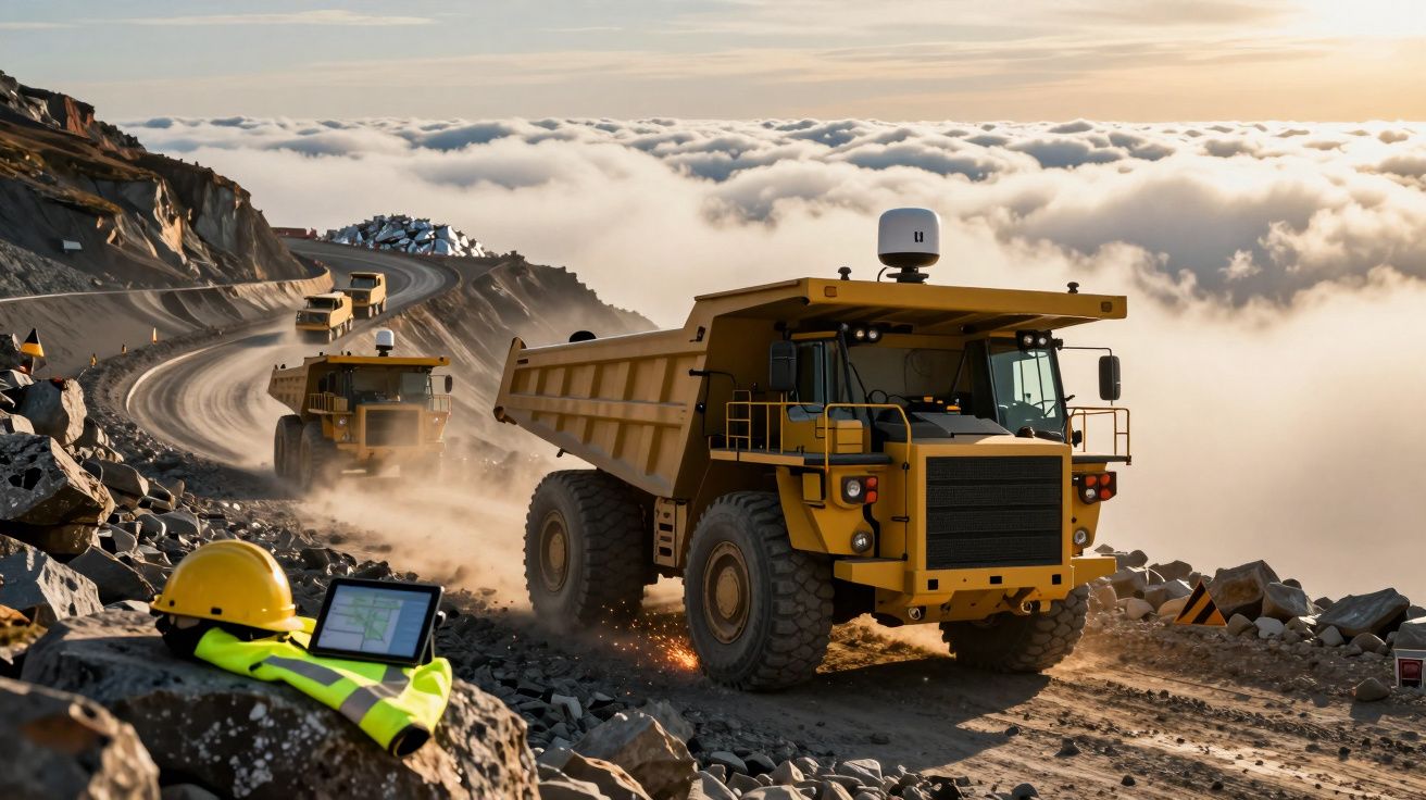 Żółte ciężarówki na krętej górskiej drodze, inżynier z laptopem obserwuje pojazdy, niebo w chmurach.