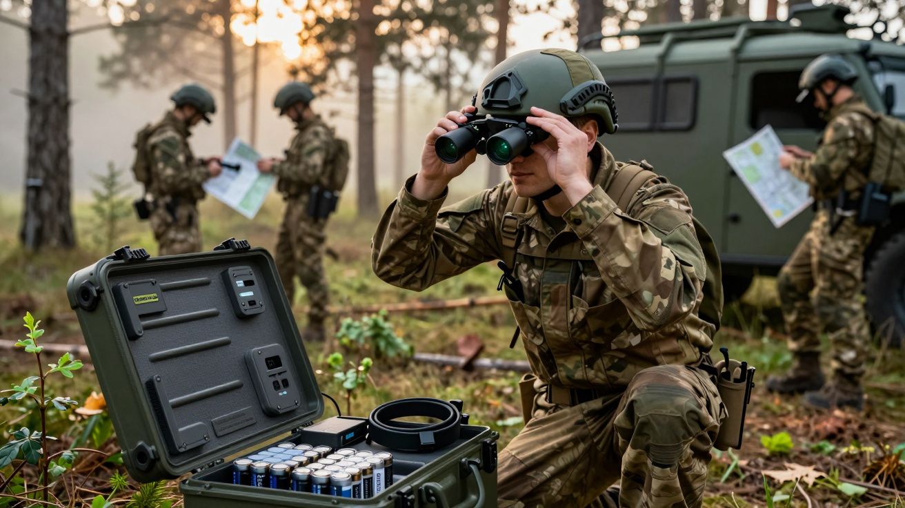 Żołnierze w lesie, jeden używa lornetki, inni z mapami przy pojeździe wojskowym.