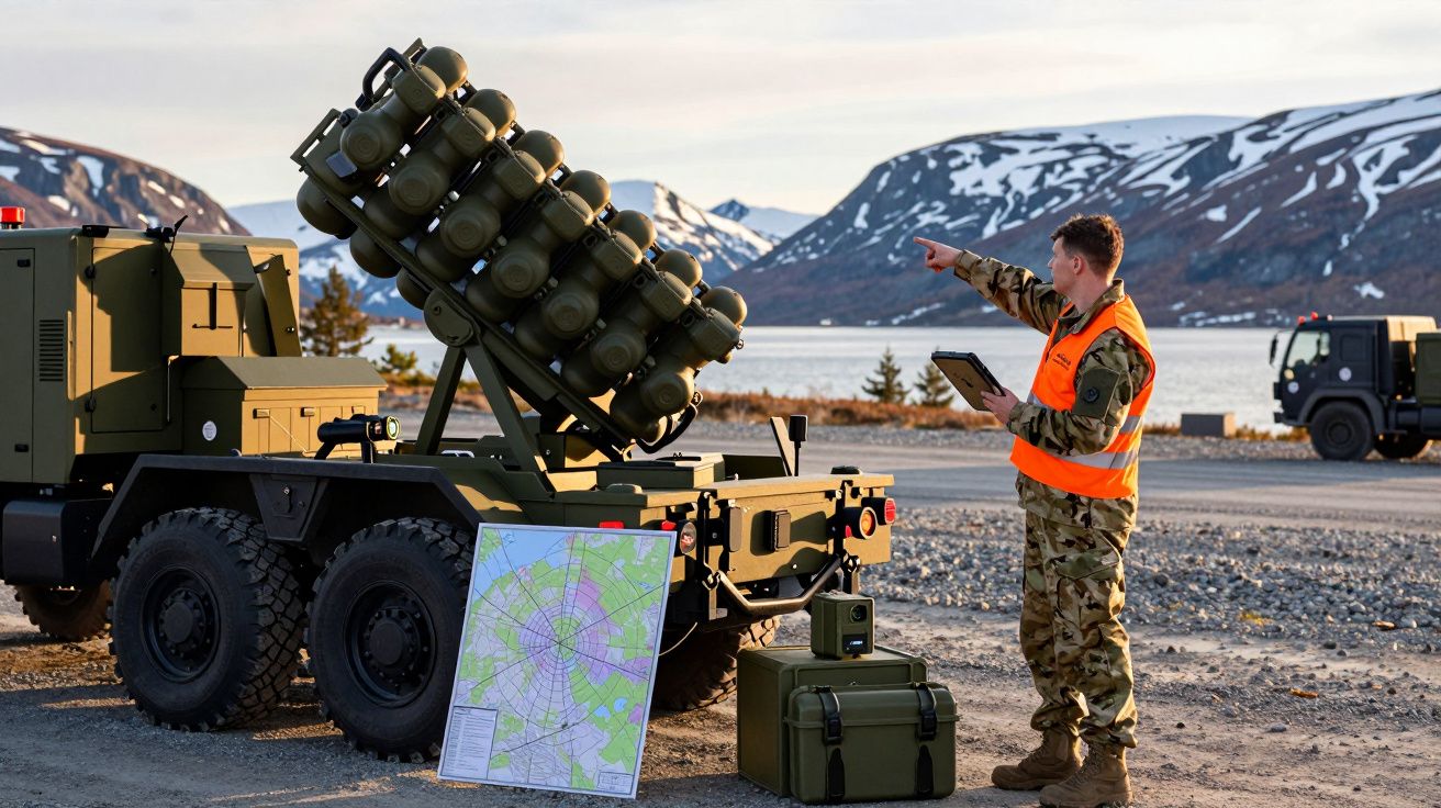 Żołnierz w kamuflażu i kamizelce stoi przy pojeździe wojskowym, pokazując na horyzont. Obok mapa i sprzęt.