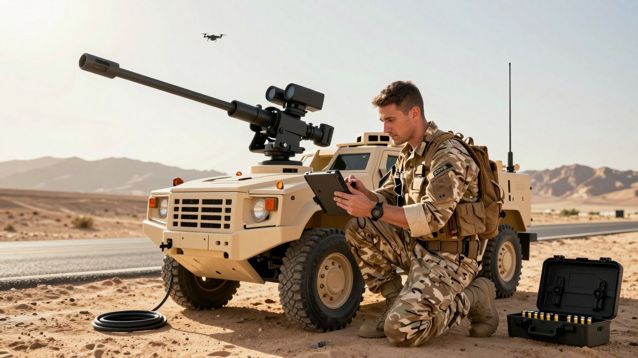 Żołnierz w mundurze kamuflażowym obsługuje tablet obok małego pojazdu wojskowego na pustyni. W tle dron i góry.