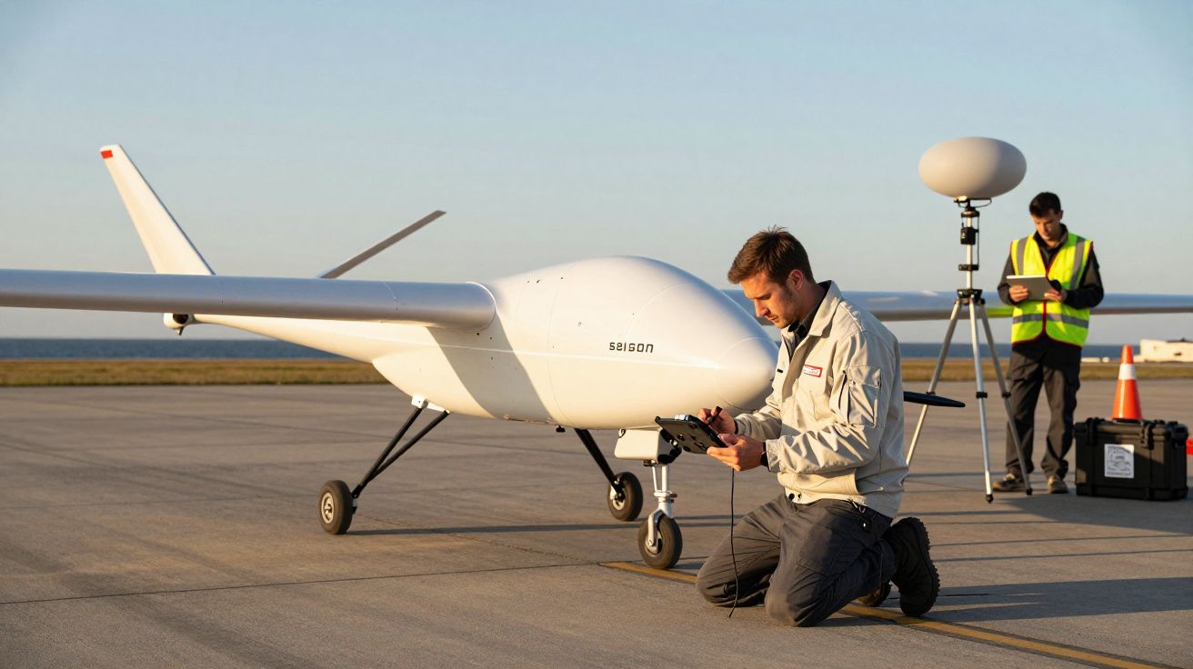 Mężczyzna sprawdza drona na pasie startowym, drugi stoi obok sprzętu komunikacyjnego.