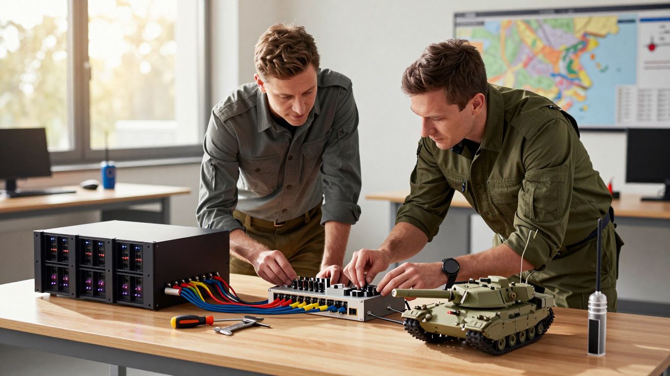 Dwóch mężczyzn pracuje nad projektem zdalnie sterowanego pojazdu wojskowego w nowoczesnym biurze.