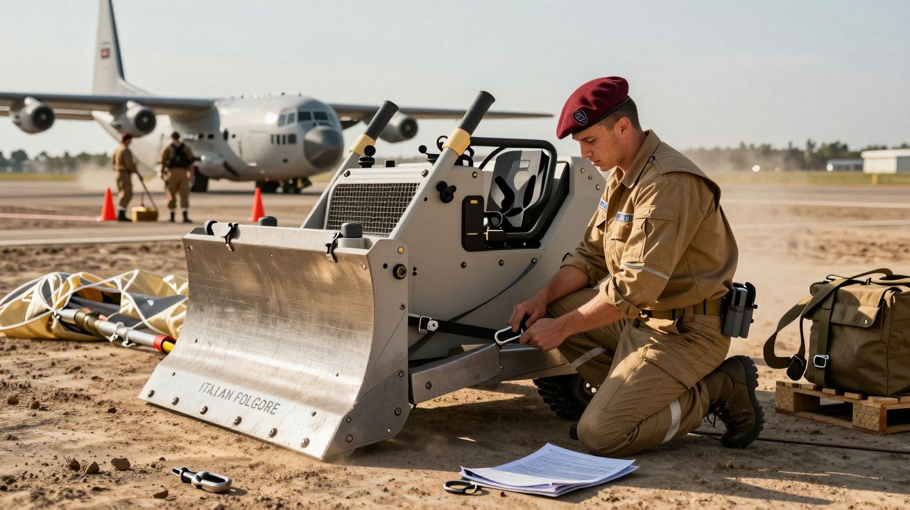 Mężczyzna w mundurze przy sprzęcie na lotnisku z samolotem transportowym w tle.