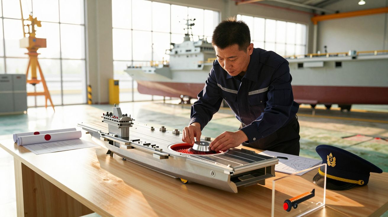 Mężczyzna pracuje nad modelem statku na stole w warsztacie, w tle widoczny duży statek.