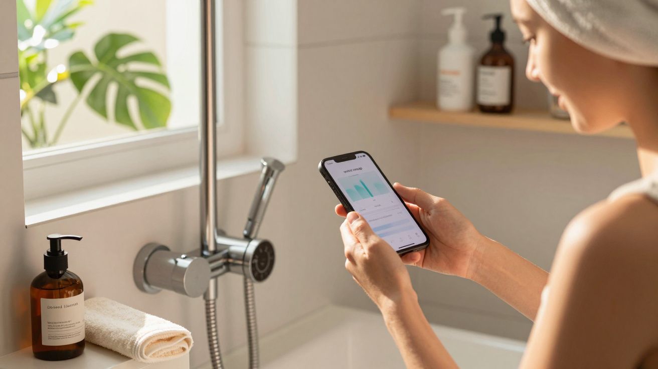 Osoba w łazience trzyma telefon przy wannie z ręcznikiem i kosmetykami obok.