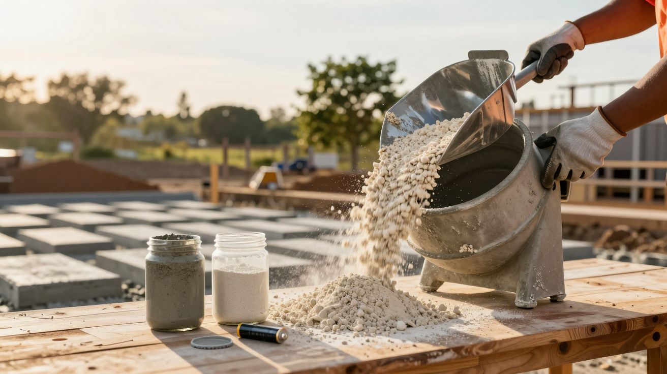 Osoba przesypująca biały proszek z metalowego pojemnika na drewniany stół, w tle plac budowy i słoneczny dzień.