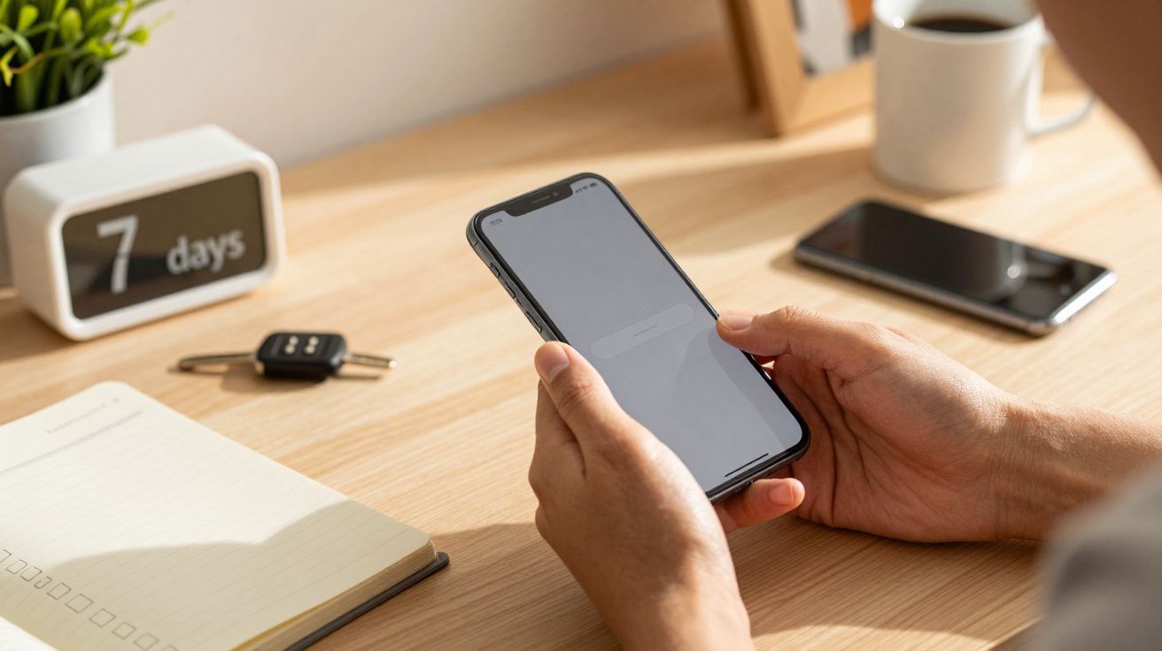 Osoba trzymająca smartfon przy biurku z notatnikiem, kluczami, filiżanką kawy i zegarem wyświetlającym „7 days”.