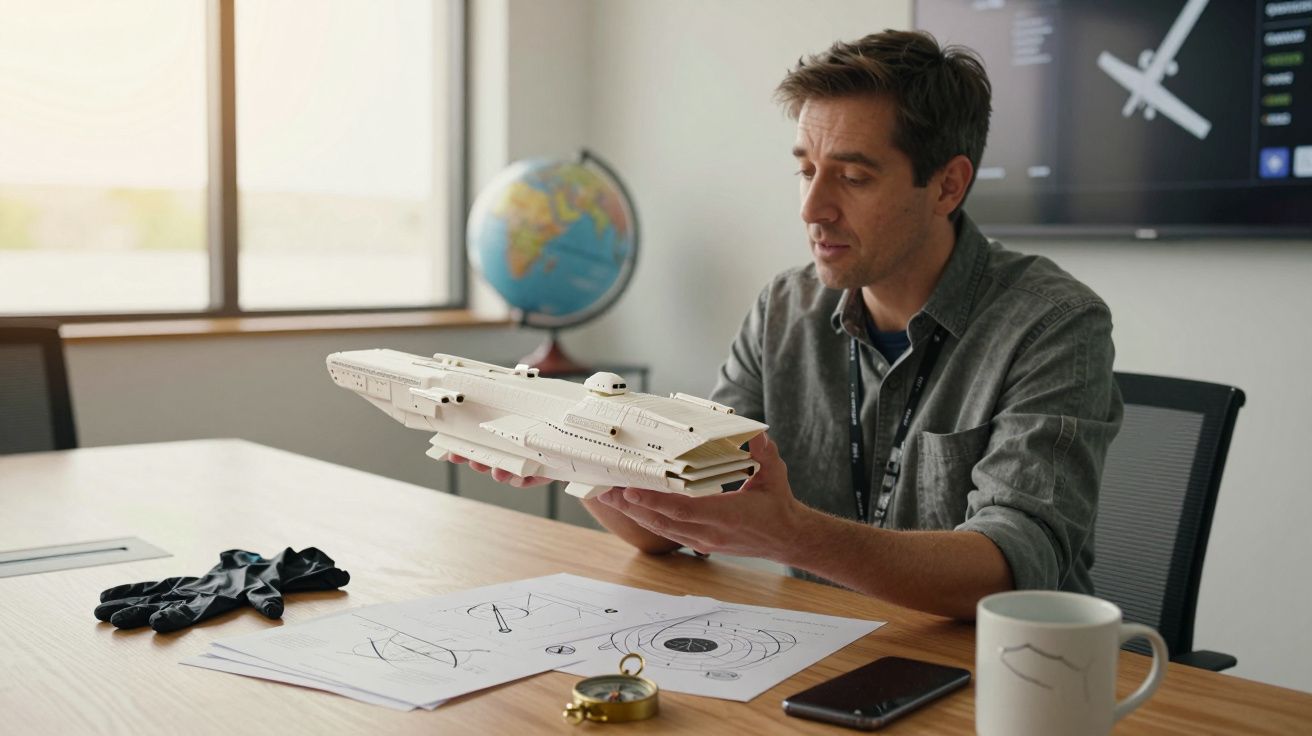 Mężczyzna siedzi przy stole z modelem statku kosmicznego w biurze; obok leżą plany, kubek i globus.