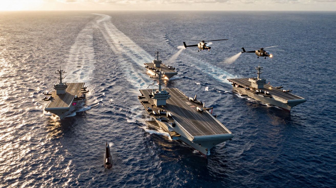 Cztery lotniskowce płynące po oceanie z dwoma helikopterami nad nimi w formacji.