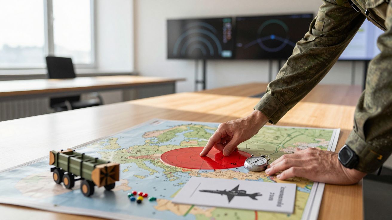 Wojskowy przy mapie, wskazuje czerwoną strefę. Na stole modele pojazdów i karta z sylwetką samolotu.
