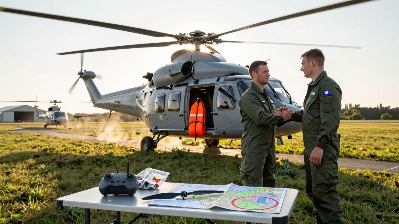 Dwóch pilotów w kombinezonach na tle helikoptera, z mapami i kontrolerem drona na stole.