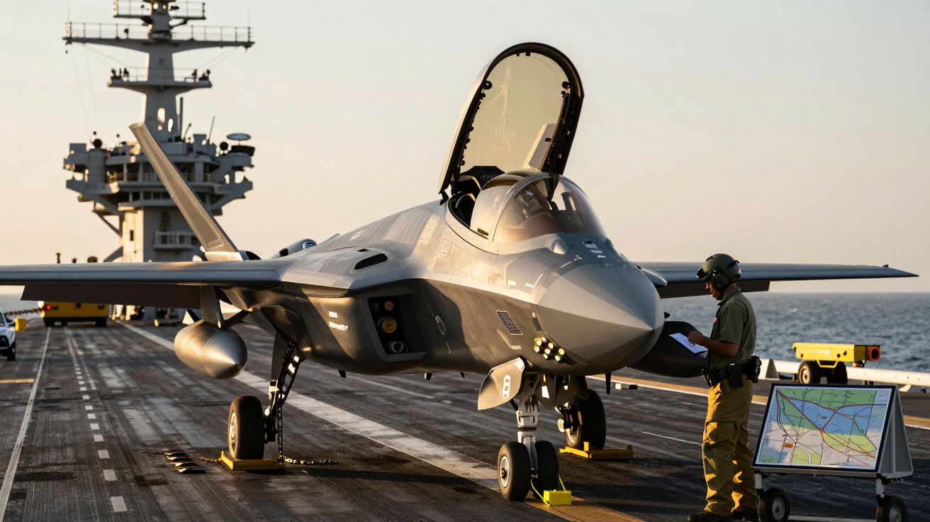 Myśliwiec na lotniskowcu, pilot sprawdza mapę obok.