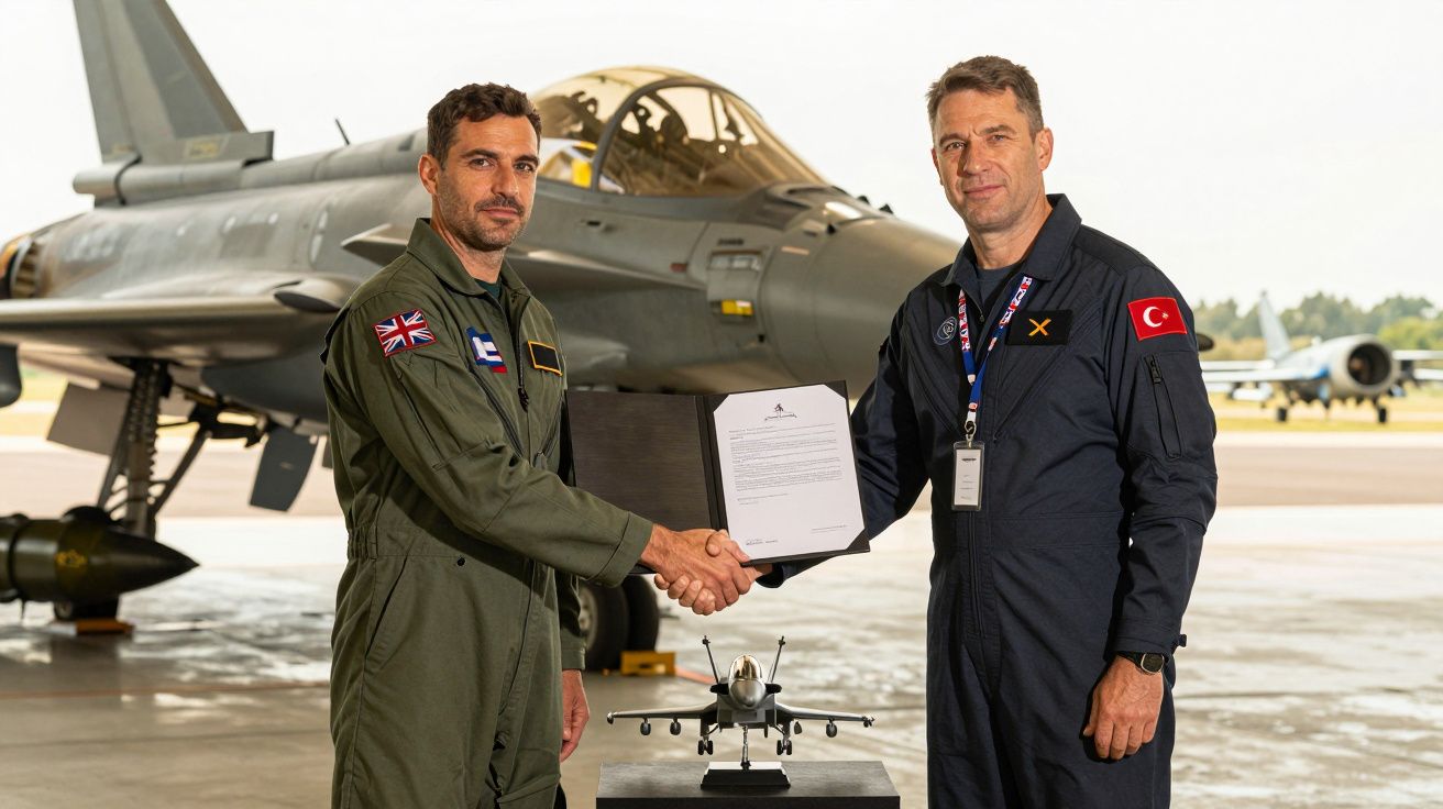 Dwóch mężczyzn w uniformach wojskowych podaje sobie ręce przed myśliwcem, trzymając dokument.