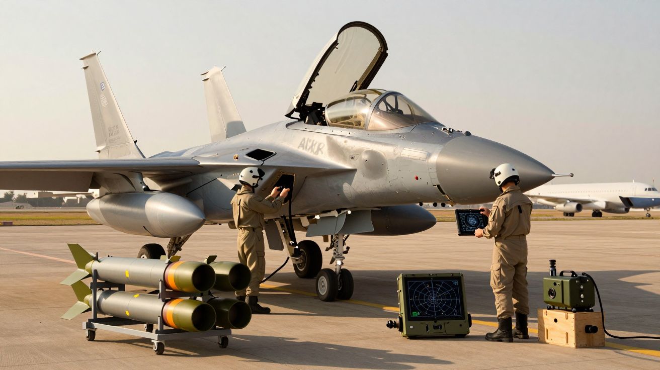 Dwóch techników w kombinezonach pracuje przy myśliwcu odrzutowym na płycie lotniska, obok znajdują się pociski i sprzęt.