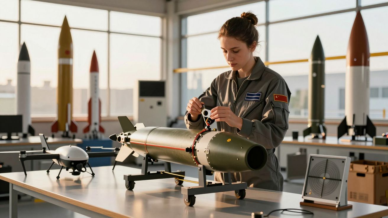 Kobieta w laboratorium pracująca nad małym pociskiem rakietowym na stole, w tle duże modele rakiet.