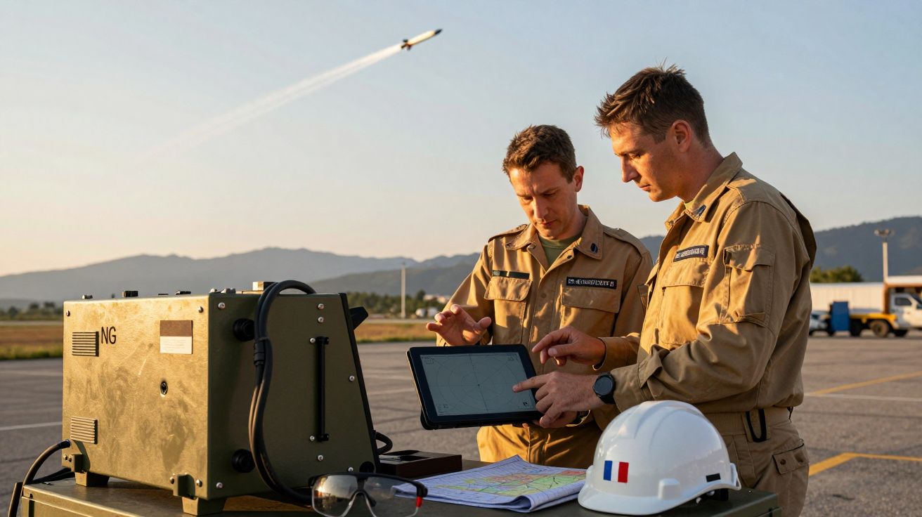 Dwóch mężczyzn w mundurach wojskowych analizujących dane na tablecie na tle startującej rakiety.