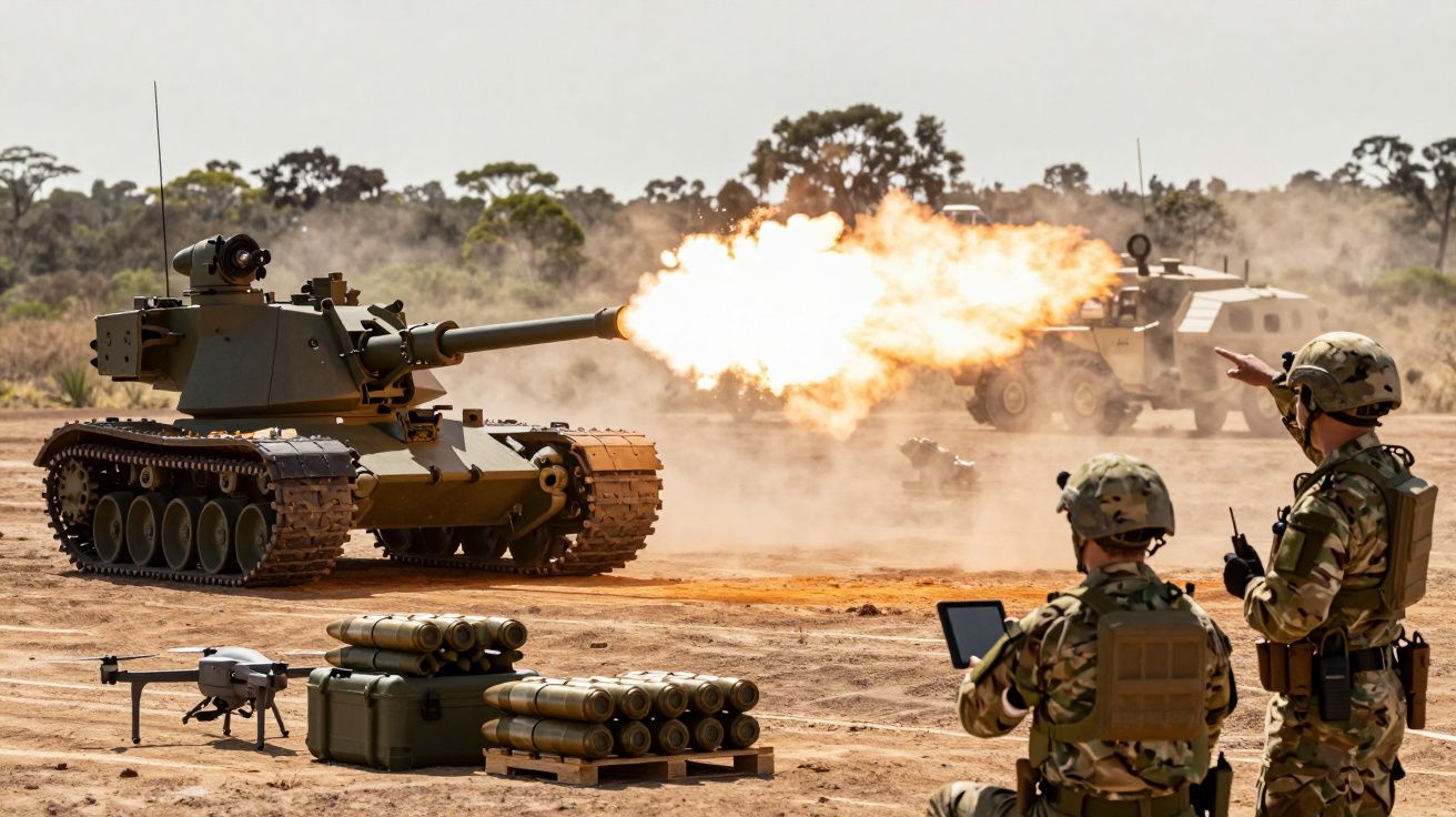 Wojsko prowadzi ćwiczenia: czołg oddaje strzał na pustynnym terenie, żołnierze obserwują i sterują dronem.