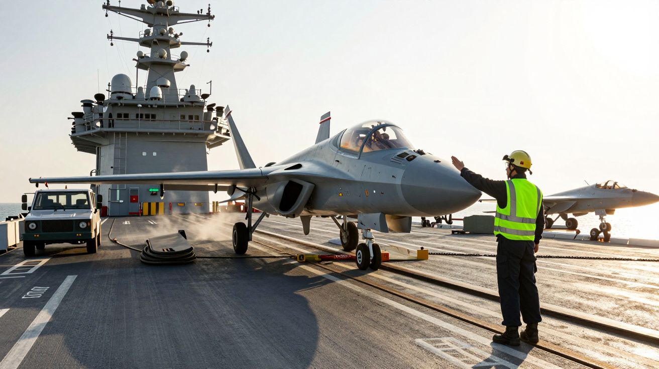 Osoba w kamizelce odblaskowej kieruje odrzutowcem na pokład lotniskowca podczas startu.