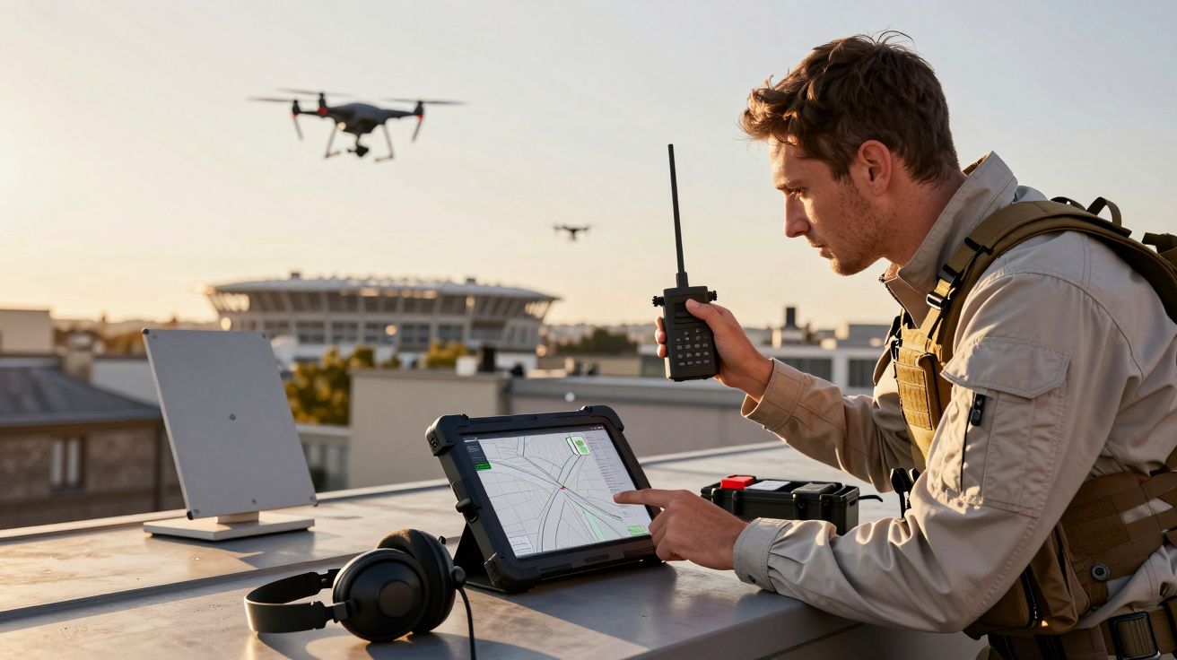 Mężczyzna na dachu obsługujący drona za pomocą tabletu i radia. W tle widoczne są budynki i stadion.