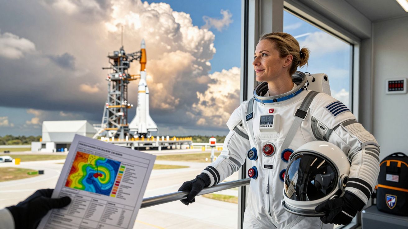 Astronautka w skafandrze kosmicznym patrzy przez okno na prom kosmiczny, trzymając hełm. W tle osoba z mapą pogodową.