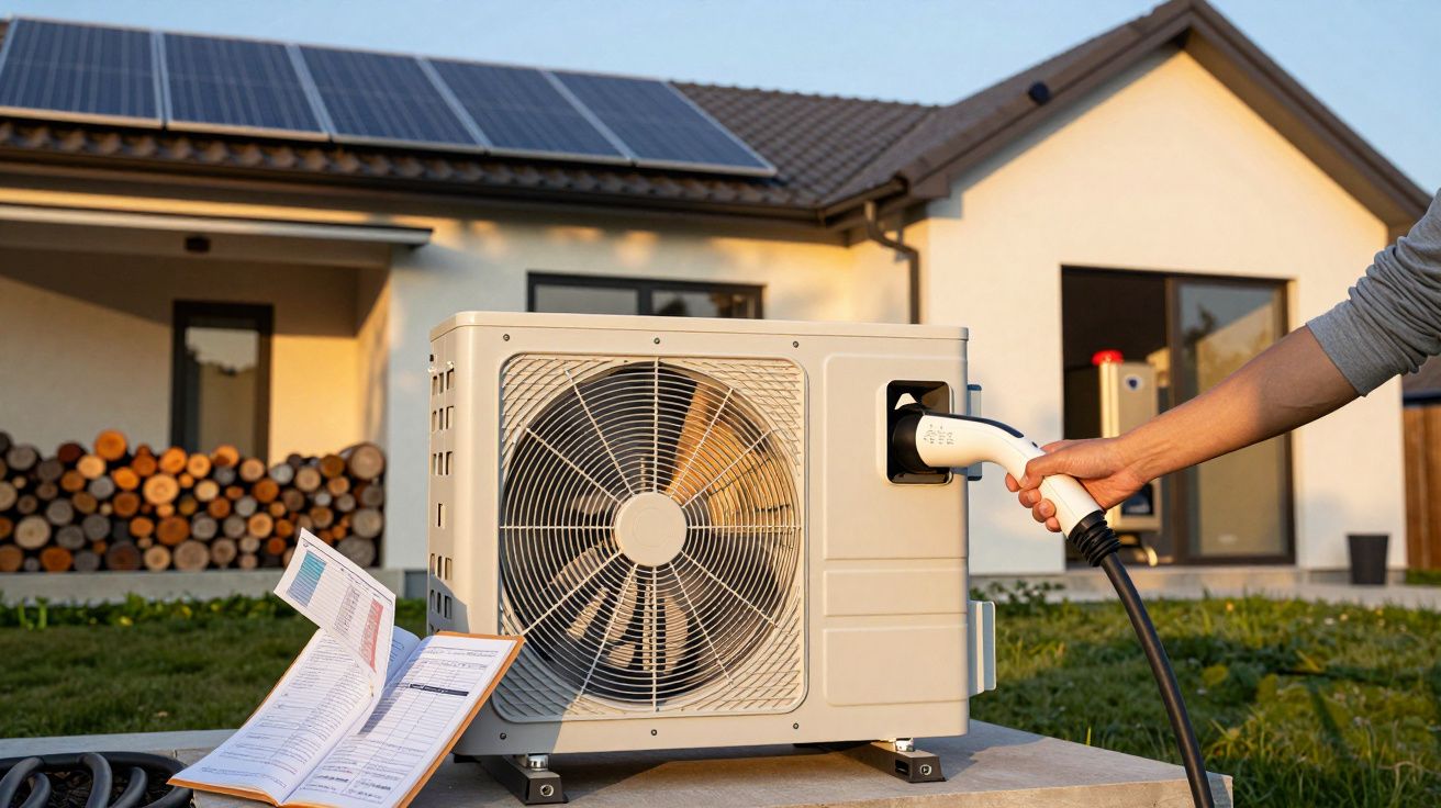 Osoba podłącza pompę ciepła na tle domu z panelami słonecznymi. Obok leży otwarta instrukcja.