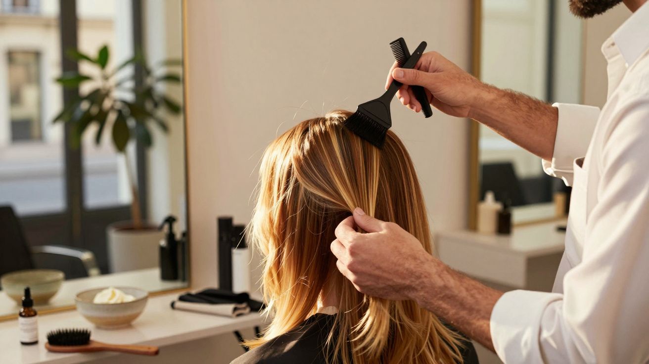 Osoba w salonie fryzjerskim farbuje włosy, nałożona farba na pasma.