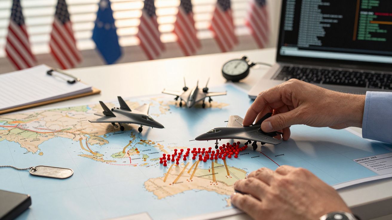Męska dłoń przesuwa miniaturowy myśliwiec po mapie, otoczona komputerem, flagami i miniaturowymi myśliwcami.