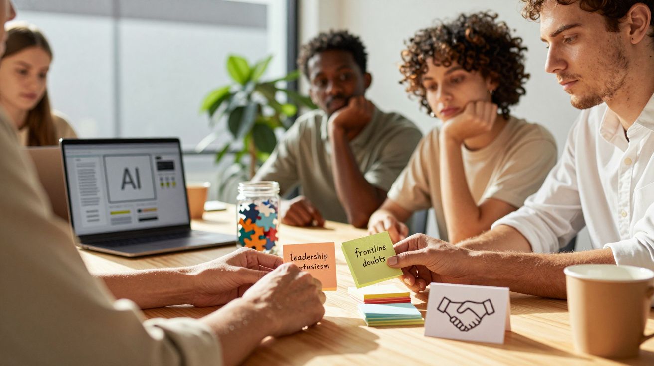 Grupa ludzi przy stole dyskutuje, trzymając karteczki i laptopa z napisem "AI" na ekranie.